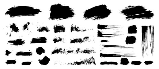 Paint brush strokes. Vector ink splash background set. Grungy black splatter banner. Grunge shape watercolor blots, blobs, stains. Black color isolated line elements. Punk dabs and daubs graffiti bg