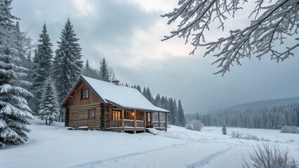Cozy wooden cabin in snow-covered winter fores