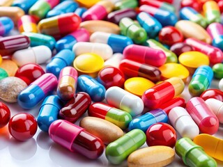 Colorful Pills and Capsules on a White Background with Copy Space for Health and Wellness Themes, Perfect for Medical, Pharmacy, or Pharmaceutical Use in Advertising and Education