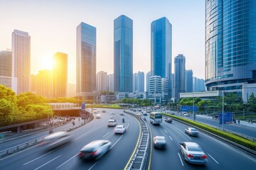 Obraz premium Modern Business District Skyline at Sunrise