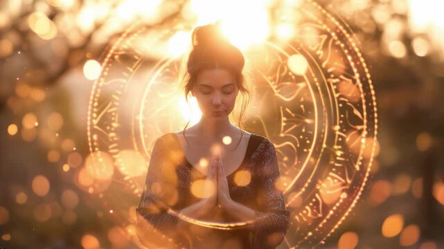 Woman practicing yoga meditation in nature, reaching mindfulness, spiritual nirvana awareness, mystical lights effects