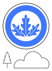 Blue circular logo featuring a leaf with simple line drawing of a tree and a cloud below. Ideal for environmental themes, branding, nature conservation, eco-friendly products, organic goods, outdoor