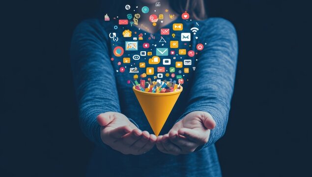 A person holds a digital marketing funnel, with vibrant icons symbolizing various online tools and concepts, representing the modern marketing landscape.