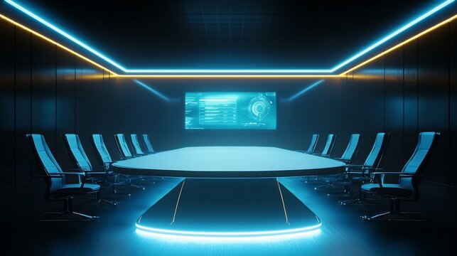 Futuristic Boardroom with Holographic Project Updates Showcasing Advanced Corporate Technology