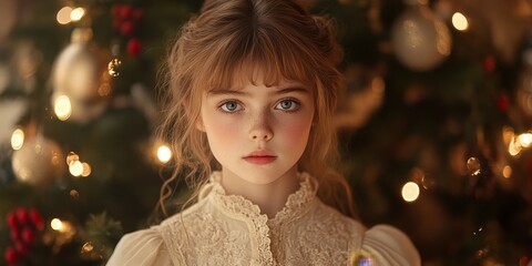 Beautiful Victorian girl by Christmas tree with vintage charm