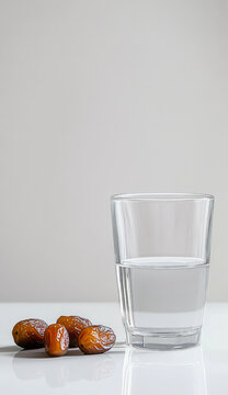 A glass of water and dates on the side, white background, simple design, minimalist style