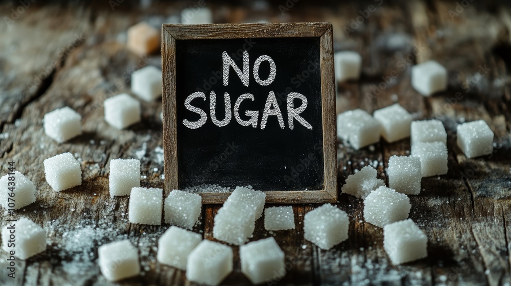 Aufkleber promoting sugar free and low sugar lifestyle representing sugar reduction and dangers of excessive s