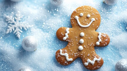 a smiling gingerbread man cookie on a snowy winter background