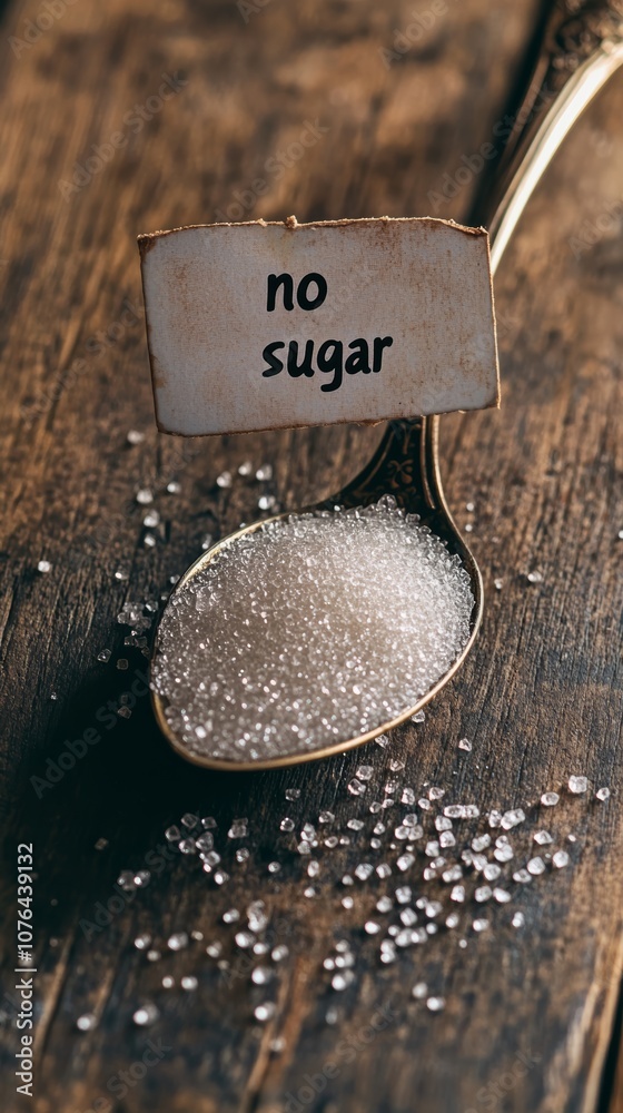 Poster granulated white sugar in a vintage spoon on a rustic table with a no sugar sign, showing a sugar fr