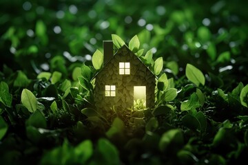 A glowing house emerges from lush green leaves, symbolizing sustainability and a harmonious connection between nature and home.