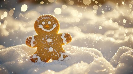 a smiling gingerbread man cookie on a snowy winter background