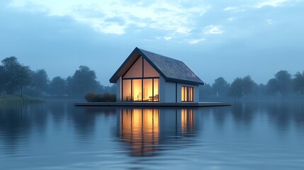 Fototapeta premium Cabin on the Lake at Dusk - Photo