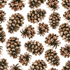 Watercolor seamless pattern pine cone isolated on white background