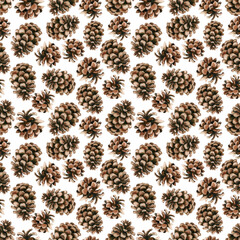Watercolor seamless pattern pine cone isolated on white background