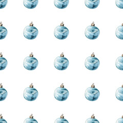 Watercolor pattern with christmas tree decorations on a white background