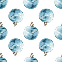 Watercolor pattern with christmas tree decorations on a white background