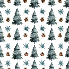 Watercolor  Christmas seamless pattern  with christmas trees, New Year background.