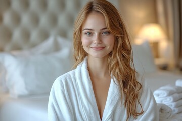 Fototapeta premium portrait caucasian beautiful woman in white bathrobe at hotel room, me time