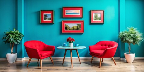Cozy Seating Area with Round Table and Blue Chairs Against Turquoise Wall Featuring an Empty Red-Framed Photo Frame for Inviting Interior Decor Inspiration