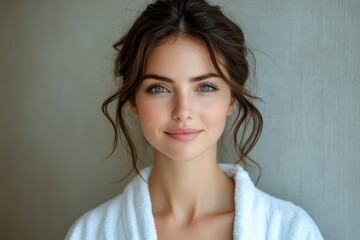 Fototapeta premium portrait caucasian beautiful woman in white bathrobe on light background, me time
