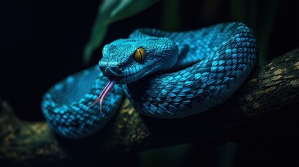 Fototapeta premium Blue Viper Snake in the Dark
