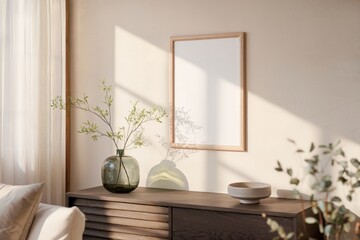 Modern living room with wooden frame and ceramic decor on a sideboard