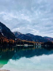 Autumn landscape of Lake Braies. Famous lake in the Dolomites.