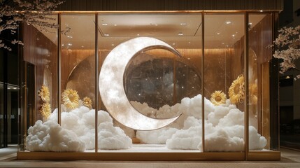 A Large Lit-up Moon in a Window Display