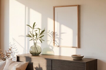 Bright and serene room with wooden frame, glass vase, and ceramic accents