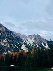 Autumn landscape of Lake Braies. Famous lake in the Dolomites.