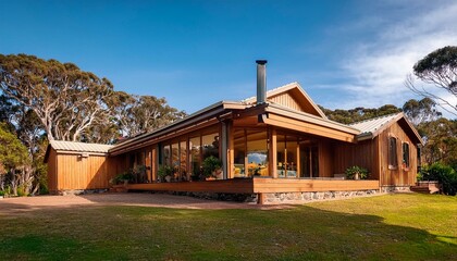 Fototapeta premium Elegant Nordic Architecture: Luxurious Wooden Holiday Home Near Wilsons Promontory, South Australia