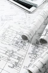 architect design working drawing sketch plans blueprints and making architectural construction...