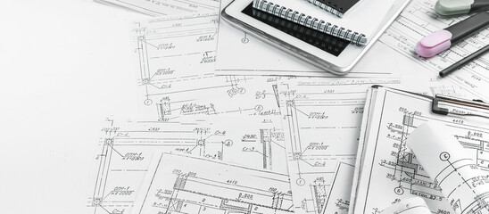 architect design working drawing sketch plans blueprints and making architectural construction model in architect studio,flat lay,architect banner