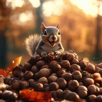 A cheerful squirrel surrounded by a pile of nuts in a colorful autumn setting.