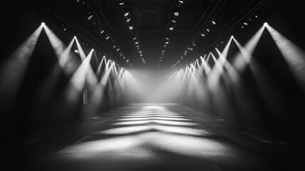 Empty Catwalk with Dramatic Spotlights Shining on Runway