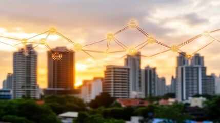 Urban Skyline with Abstract Digital Connectivity Theme Highlighting Trends and Data Analysis Against a Beautiful Sunset Background