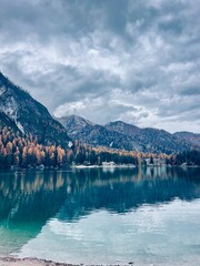 Autumn landscape of Lake Braies. Famous lake in the Dolomites.
