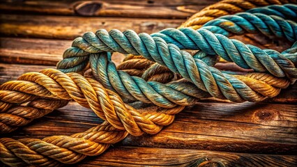 Obraz premium Decorative Macro Photography of Intertwined Ropes on Wooden Surface Showcasing Intricate Patterns and Textures Ideal for Home Decor and Crafting Projects