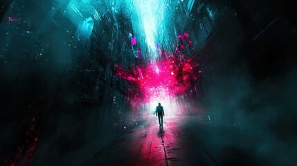 Atmospheric Urban Landscape with Neon Lights and a Mysterious Figure in a Foggy, Futuristic Alleyway Depicting a Dreamlike Sci-Fi Ambiance
