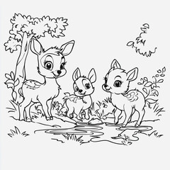 Charming Illustration of Three Playful Baby Deer Near a Tranquil Pond, Surrounded by Lush Greenery and Trees, Capturing the Essence of Nature and Wildlife
