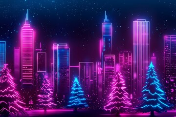 Futuristic christmas cityscape with glowing neon skyscrapers and pine trees, creating a vibrant and festive holiday scene