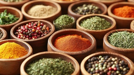 Fototapeta premium Various Spices and Herbs in Rustic Kitchen Bowls
