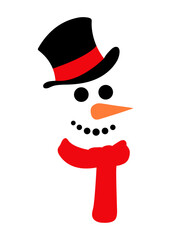 Logo snowman. Banner con cara de muñeco de nieve con sombrero, bufanda y nariz de zanahoria