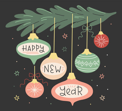  Happy New Year Greeting Card. Hand Drawn Lettering Illustration.