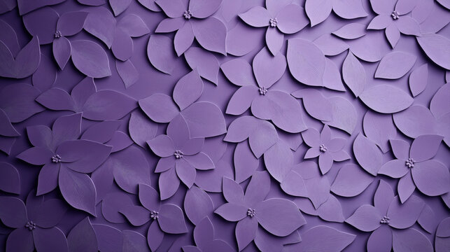 A textured purple floral pattern with layered overlapping leaves and flowers, showcasing intricate details and a harmonious arrangement.