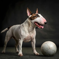 The Bull Terrier is a muscular, strong-willed dog with a playful and affectionate personality.