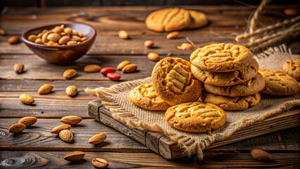Delightful Homemade Peanut Cookies on a Rustic Wooden Table with Copy Space for Text and Branding, Perfect for Food Blogs, Recipes, and Dessert Promotions