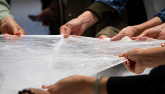 Woman stretching silk cocoon after soaking in hot water to loosen sericin gum. Suzhou silk factory, China