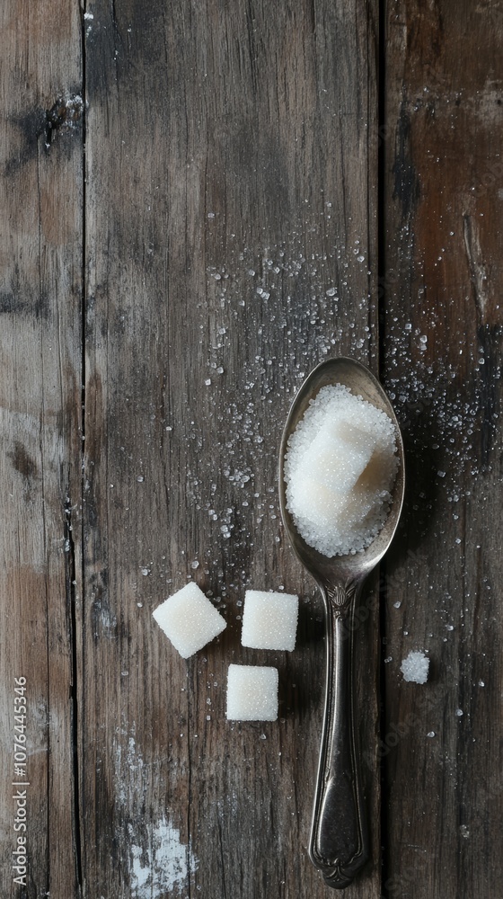 Poster white refined sugar lies in an old spoon and in the form of three cubes on a rustic wooden table, re