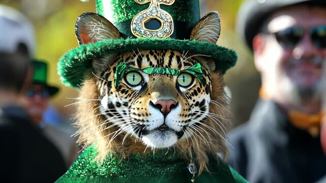 A cat wearing a green hat and glasses looks directly at the camera during a St. Patrick's Day celebration